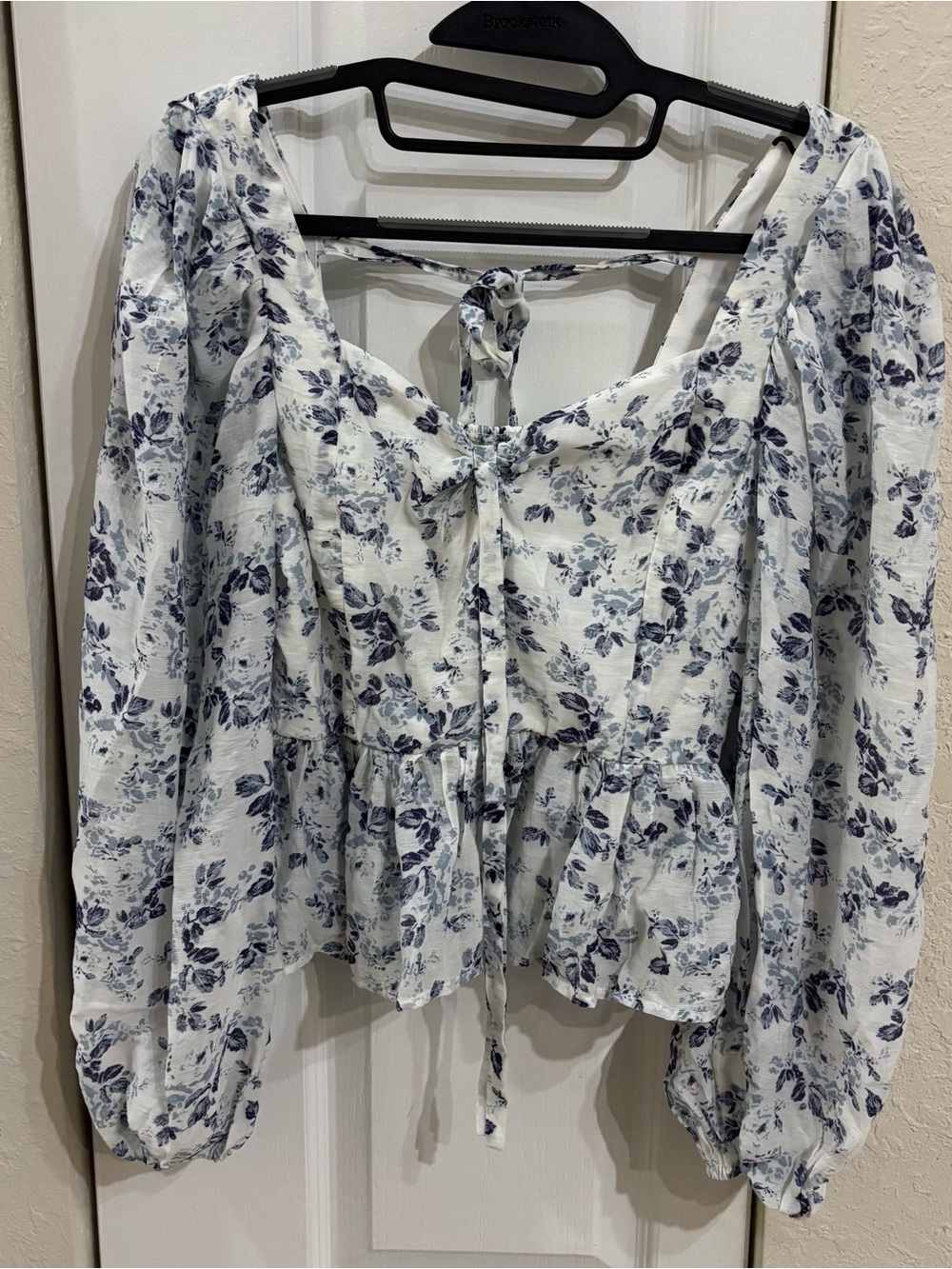 Moon River White Peasant Blouse with Blue Floral Print